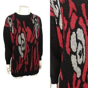 1990s Black Knit Red Rose Floral Pullover Sweater / Women’s Large *